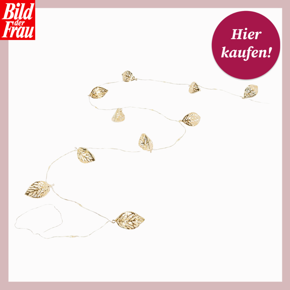LED-Deko-Lichterkette von Tchibo mit zehn goldfarbenen Blättern aus Metall auf transparentem Kabel vor weißem Hintergrund. | © Tchibo/Canva:bildderfrau.de