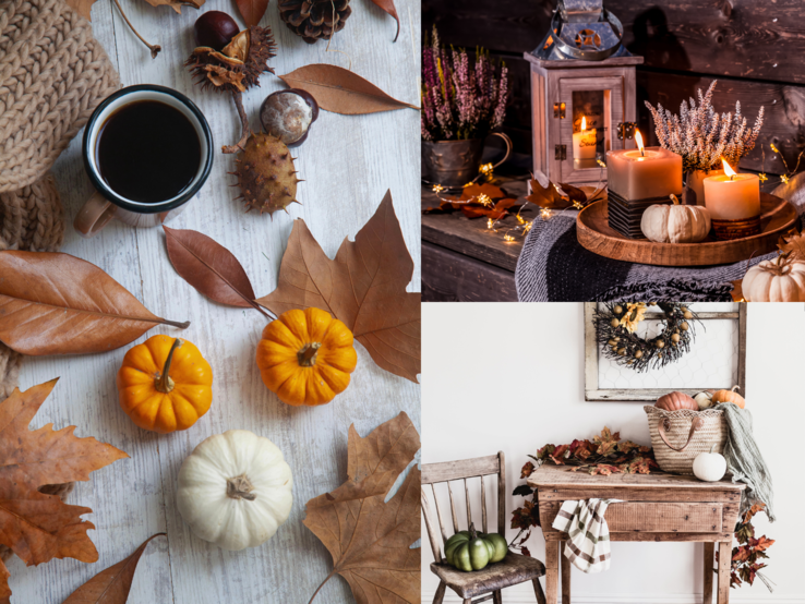 Ein herbstliches Stillleben mit Kürbissen, buntem Laub, Kerzen im Holztablett, Kaffee und rustikaler Deko auf Tisch und Stuhl.
