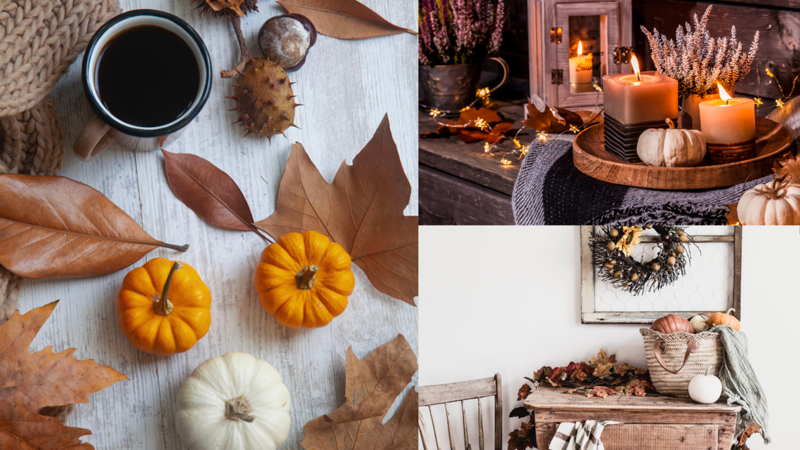 Ein herbstliches Stillleben mit Kürbissen, buntem Laub, Kerzen im Holztablett, Kaffee und rustikaler Deko auf Tisch und Stuhl.