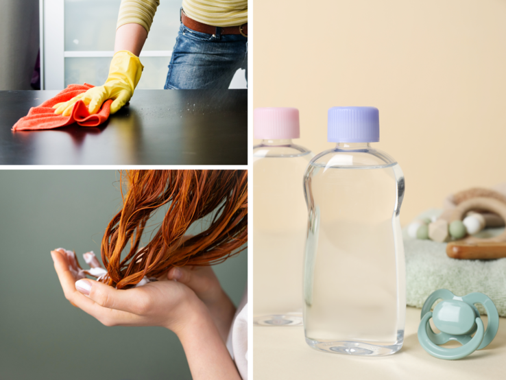 Eine Collage: Frau reinigt Tisch mit Tuch, Hand pflegt rote Haare mit Creme, Fläschchen mit Pastellverschlüssen und Schnuller vor hellem Hintergrund.