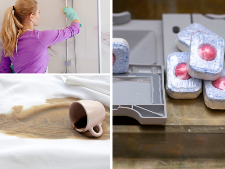 Collage aus Frau mit blondem Pferdeschwanz beim Putzen, verschüttetem Kaffee auf weißem Stoff und Geschirrspültabs auf Holzoberfläche.