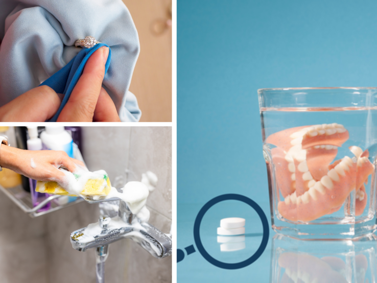 Eine Hand poliert einen Diamantring mit Tuch, eine zweite schrubbt schäumend einen Wasserhahn, daneben Gebiss in Wasserglas.