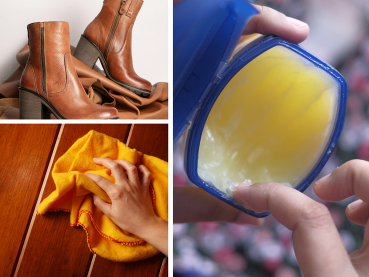 Zwei braune Lederstiefeletten stehen auf Stoff, daneben wird Holz mit gelbem Tuch poliert und Vaseline mit Finger entnommen.