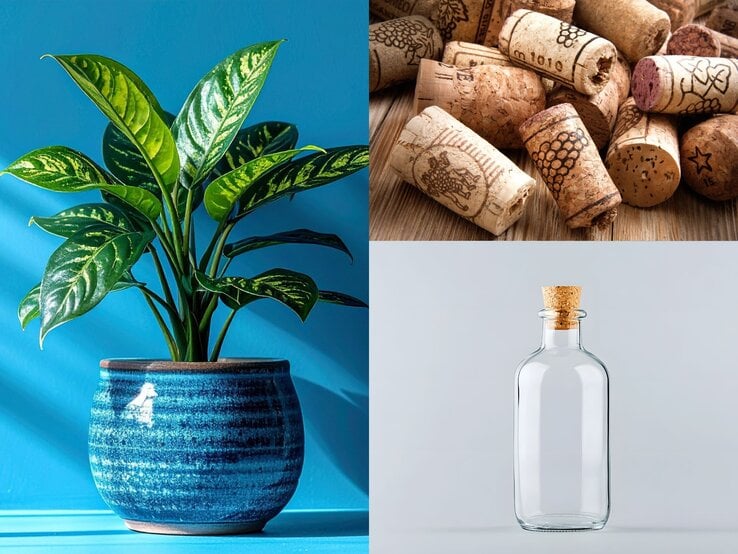 Zimmerpflanzen Korken Links eine grüne Zimmerpflanze im blauen Keramiktopf vor hellblauer Wand, rechts oben Weinkorken und rechts unten klare Glasflasche mit Korken.