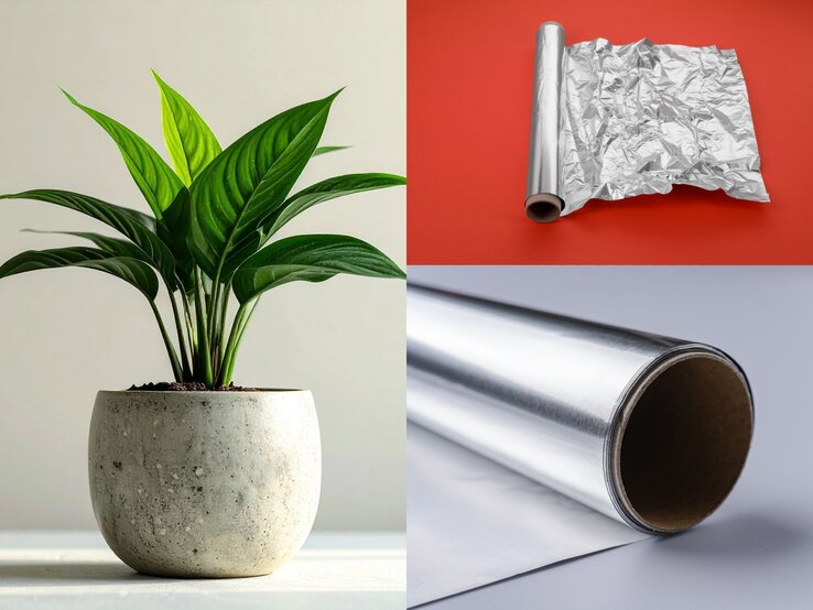 Eine grüne Pflanze mit großen Blättern in einem schlichten grauen Topf auf hellem Hintergrund, neben silberner Alufolie auf rotem und grauem Untergrund.