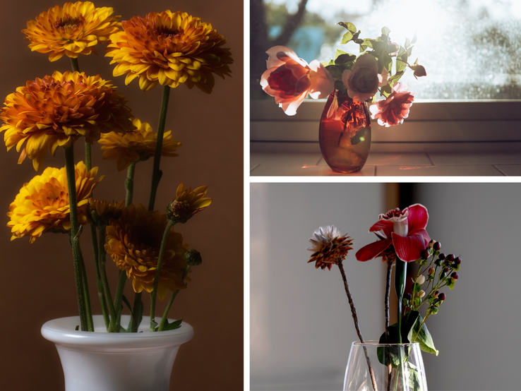 Collage mit drei Blumensträußen: orange Chrysanthemen, Rosen im Gegenlicht und ein minimalistisches Gesteck mit roter Orchidee.