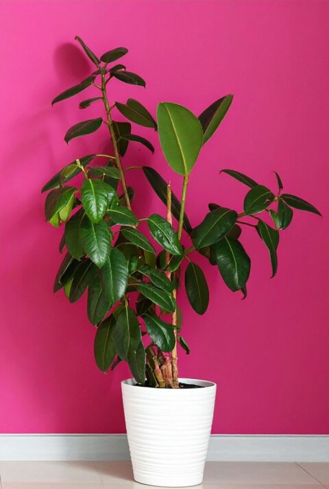Ein großer Gummibaum mit glänzend grünen Blättern steht vor einer leuchtend pinken Wand in einem weißen Topf auf hellem Boden.
