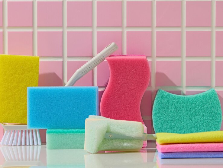 Verschiedenfarbige Schwämme, Bürsten und Reinigungstücher vor einer glänzenden rosa Kachelwand, ordentlich angeordnet. | © Shutterstock/Light Stock