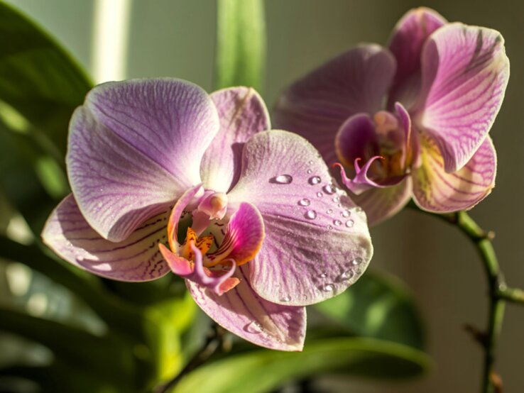 Zarte violette Orchideenblüten mit feinen Streifen und Wassertropfen, umgeben von grünen Blättern im Sonnenlicht.
