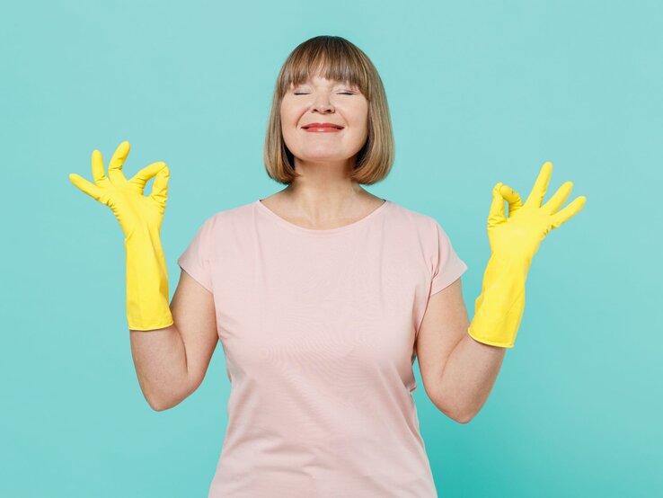Eine Frau trägt gelbe Gummihandschuhe, hält beide Hände im "OK"-Zeichen und steht vor einem türkisfarbenen Hintergrund.