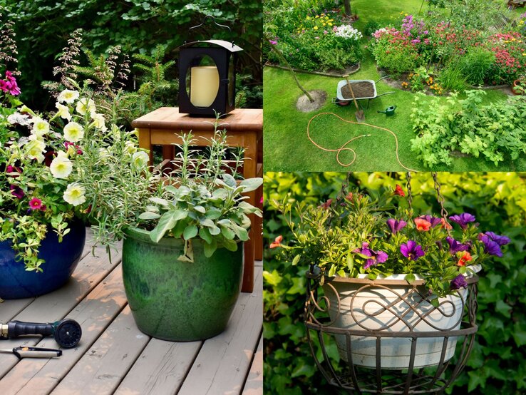 Bunte Blüten in großen blauen und grünen Töpfen auf Holzterrasse, daneben Gartenhandschuhe, Gießkanne und eine schwarze Laterne.