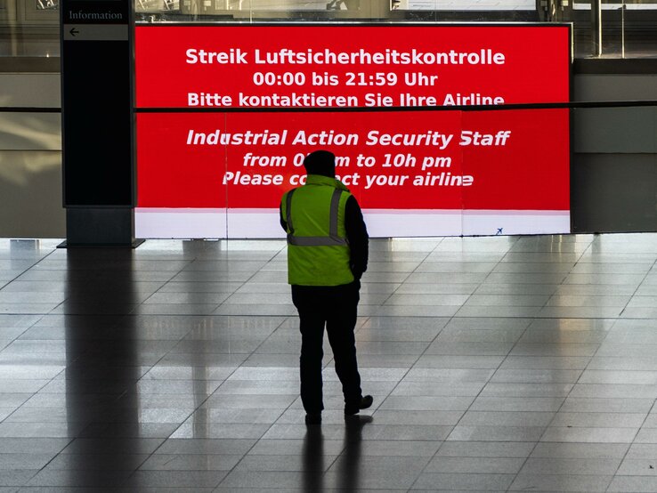 Ein Sicherheitsmitarbeiter steht vor eine Streik-Infowand in einem Flughafen.