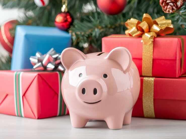 Ein rosa Sparschwein steht vor rot-goldenen Geschenken unter einem geschmückten Weihnachtsbaum mit Kugeln und Zapfen.