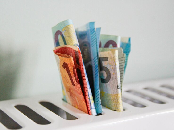 Mehrere gefaltete Euro-Banknoten ragen aus den Schlitzen eines weißen Toasters vor hellem Hintergrund und symbolisieren Geldverlust.