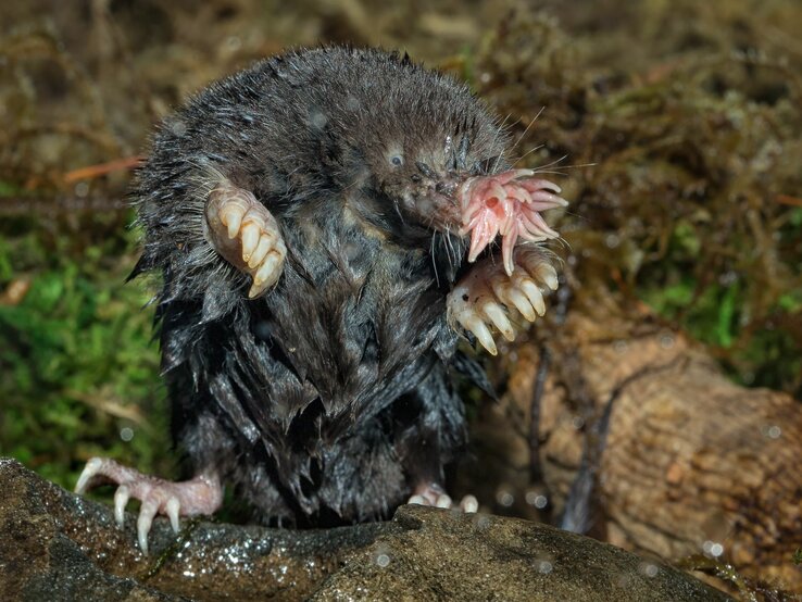 Das Foto zeigt einen Sternmull in seiner natürlichen Umgebung. Dieses Tier ist für seine ungewöhnlichen, sternförmigen Nasenanhangsgebilde bekannt, die es zum Tasten in seiner dunklen, unterirdischen Umgebung verwendet. Der Sternmull hat ein dunkles Fell und seine charakteristischen Zähne sind sichtbar, was auf seine grabende Lebensweise und seine Ernährung hinweist. Er scheint auf einem feuchten Untergrund zu sein, was typisch für den Lebensraum ist, in dem Sternmulle zu finden sind. | © shutterstock/ Agnieszka Bacal