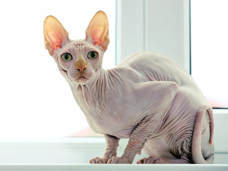  Das Foto zeigt eine Sphynx-Katze, eine Rasse, die für ihr fehlendes Fell bekannt ist, was ihre hautfaltenreiche Haut zur Schau stellt. Die Katze hat eine auffallende Erscheinung mit großen, aufrechten Ohren und auffälligen, grünen Augen. Sie blickt direkt in die Kamera, was ihre neugierige und aufmerksame Natur unterstreicht. Das Tier befindet sich in einem hellen, innen liegenden Raum vor einem Fenster, das natürliches Licht hereinlässt und die zarte Textur ihrer Haut betont. | © Adobe Stock/ Africa Studio