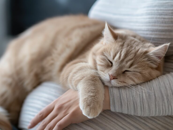 Eine cremefarbene Katze schläft entspannt mit dem Kopf auf dem Bauch und Arm einer schwangeren Frau, die ein grau-weiß-gestreiftes Oberteil trägt.