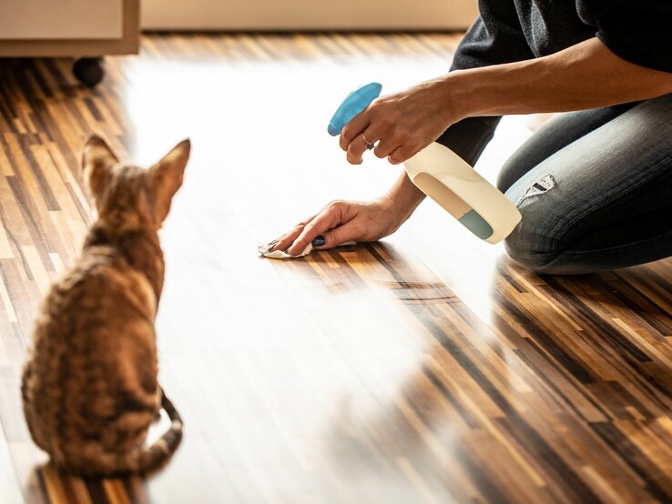 Person kniet auf dem Boden und säubert mit einem Reinigungsspray sowie einem Tuch offenbar eine Stelle auf dem Parkett. Eine Katze beobachtet aufmerksam das Geschehen