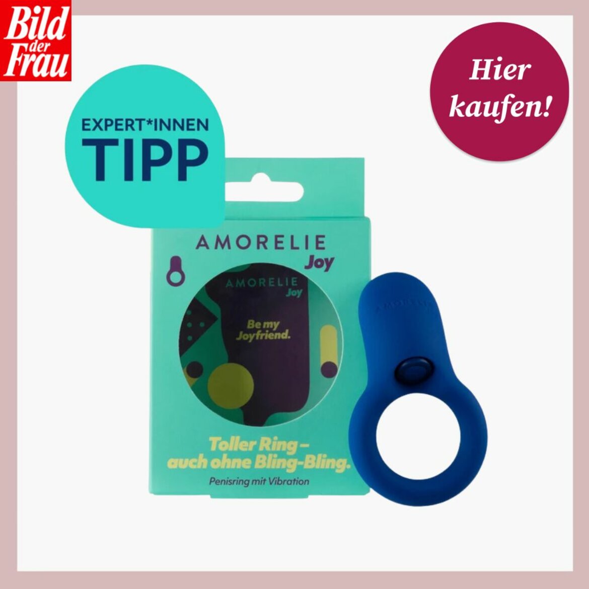 Blauer Vibrationsring von Amorelie Joy, verpackt in einer ansprechenden türkisen Schachtel | © Amorelie