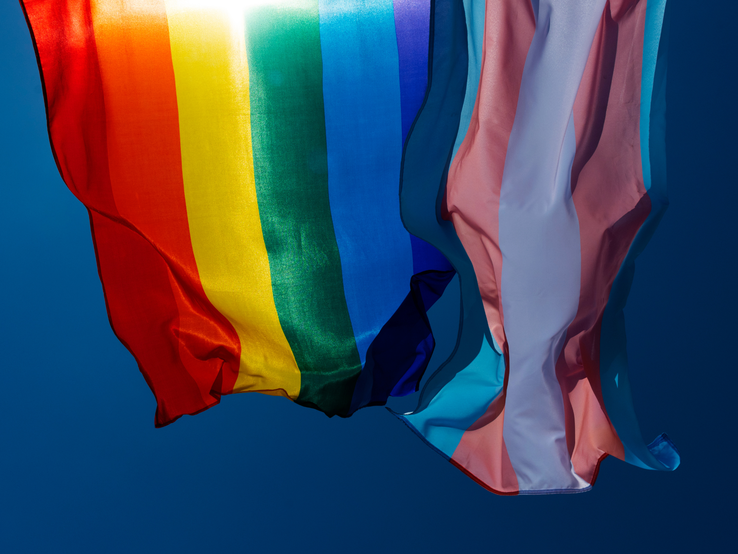 Regenbogen- und Transgender-Flagge wehen nebeneinander in kräftigen Farben vor klarem, tiefblauem Himmel.