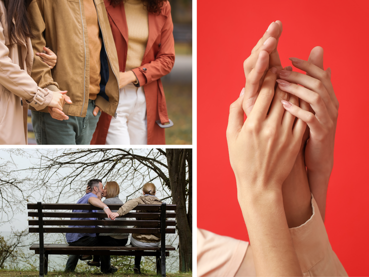 Collage offene Beziehung Emotionale Collage aus drei Szenen: Nähe unter Freunden, zärtlich berührte Hände und ein Liebespaar mit stiller Begleiterin.