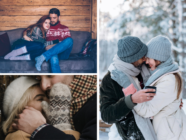 Collage Cuffing Eine Collage zeigt zärtliche Umarmungen: Paare in Strickpullis, Mützen und Schals genießen Nähe und Winterromantik.
