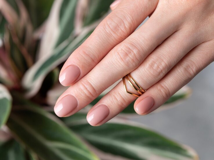  Eine Hand mit sorgfältig manikürten Nägeln in einem zarten Rosa-Ton hält sanft an einem Blatt einer Zimmerpflanze. Am Ringfinger trägt die Hand auffällige goldene Ringe. Der Fokus liegt auf der Eleganz der Hand und der Schmuckstücke vor dem unscharfen grünen Hintergrund der Pflanze.