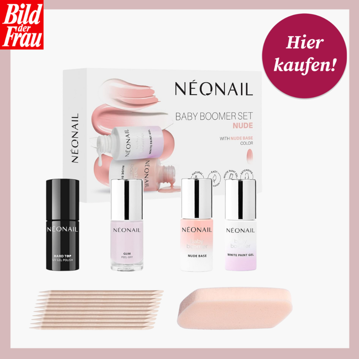 Neonail Baby Boomer Set mit Nude Base, weißem Gel, Top Coat, Feilen und Buffer, rosa Hintergrund. | © Amazon 