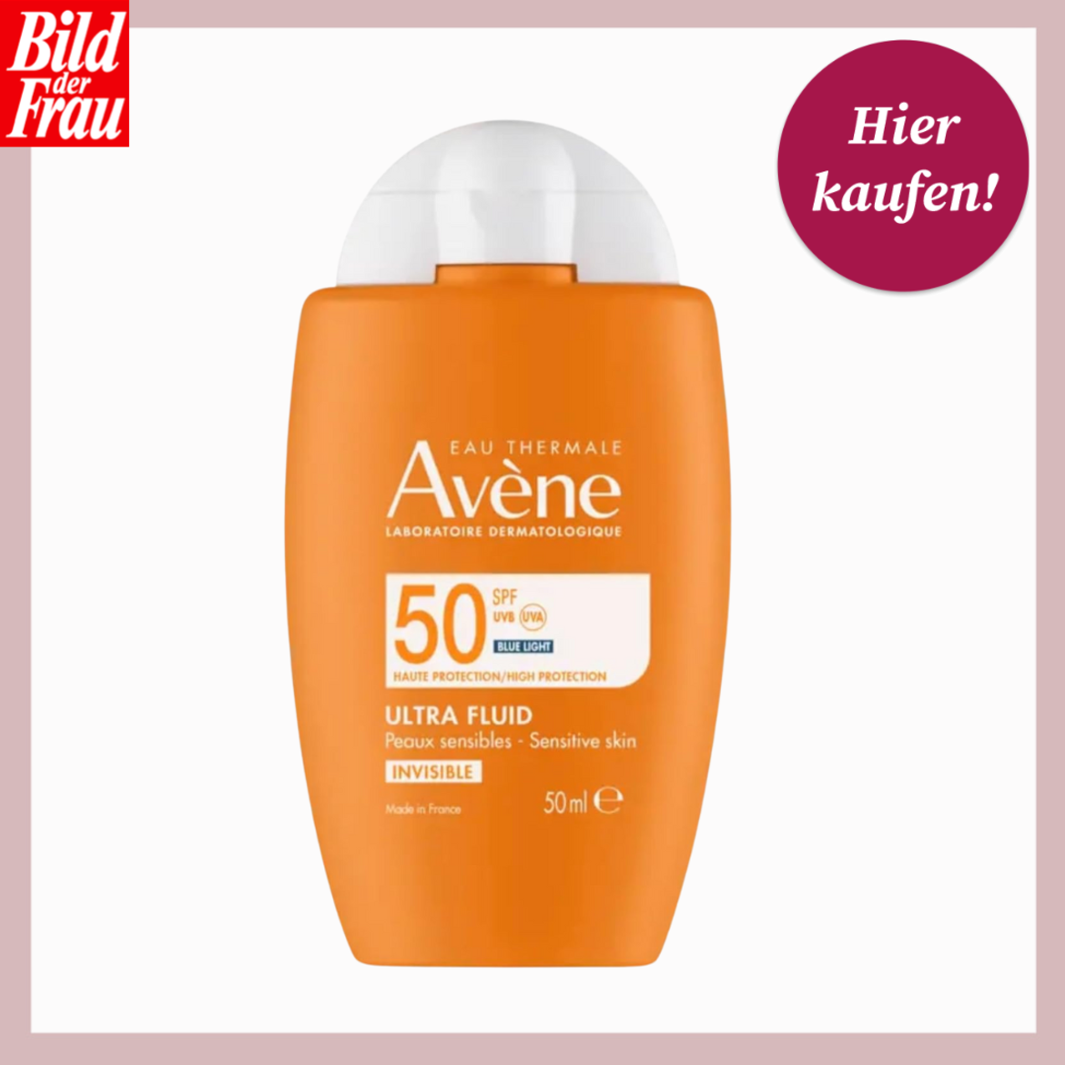 Orangefarbene Flasche Avène-Sonnencreme mit SPF 50 für sensible Haut, zentral vor weißem Hintergrund mit „Hier kaufen!“-Button | © Amazon/ Collage: bildderfrau.de