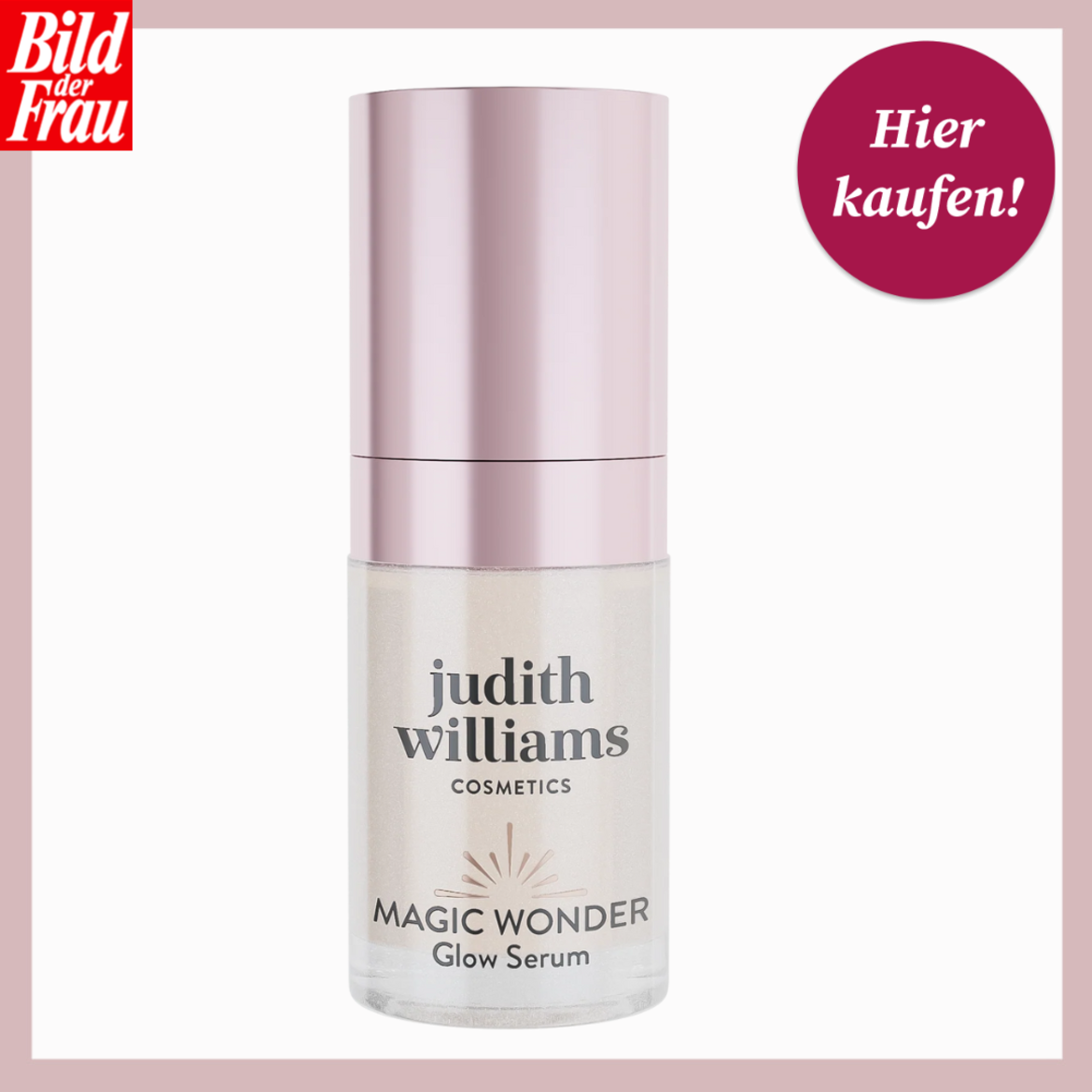 Glastiegel mit roséfarbenem Deckel enthält Judith Williams Magic Wonder Glow Serum vor weißem Hintergrund. | © Judith Williams/ Canva-collage: bildderfrau.de
