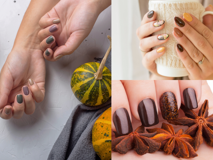 Herbst Nagellack Trend Drei weibliche Hände mit herbstlich lackierten Nägeln in Braun, Ocker und Grün vor Kürbissen, Gewürzen und gestricktem Pullover.
