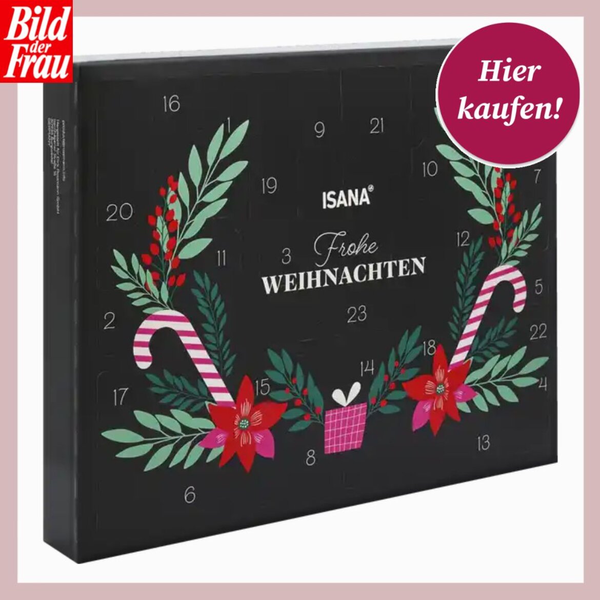 Schwarzer Adventskalender mit weißer Schrift "Frohe Weihnachten", rotem Dekor, grünen Zweigen und zwei gestreiften Zuckerstangen. | © Collage: Rossmann/ BILD der FRAU