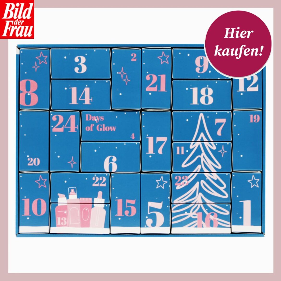 Blauer Adventskalender mit weißen und rosa Zahlen, gezeichnetem Weihnachtsbaum und Sternen, gefüllt mit Beauty-Produkten. | © Collage: Douglas/ BILD der FRAU
