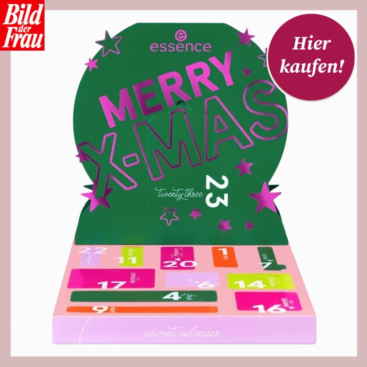 Grüner Essence-Adventskalender mit pinken und weißen Sternen, Schriftzug "Merry X-Mas", und bunten nummerierten Türchen. | © Collage: Douglas/ BILD der FRAU