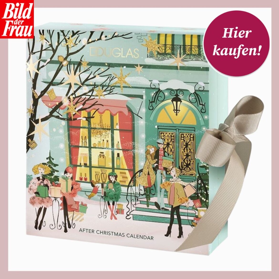 Festlicher Douglas-Adventskalender mit winterlichem Stadtszenen-Motiv, goldenen Sternen und beigefarbener Schleife an der Seite. | © Collage: Douglas/ BILD der FRAU