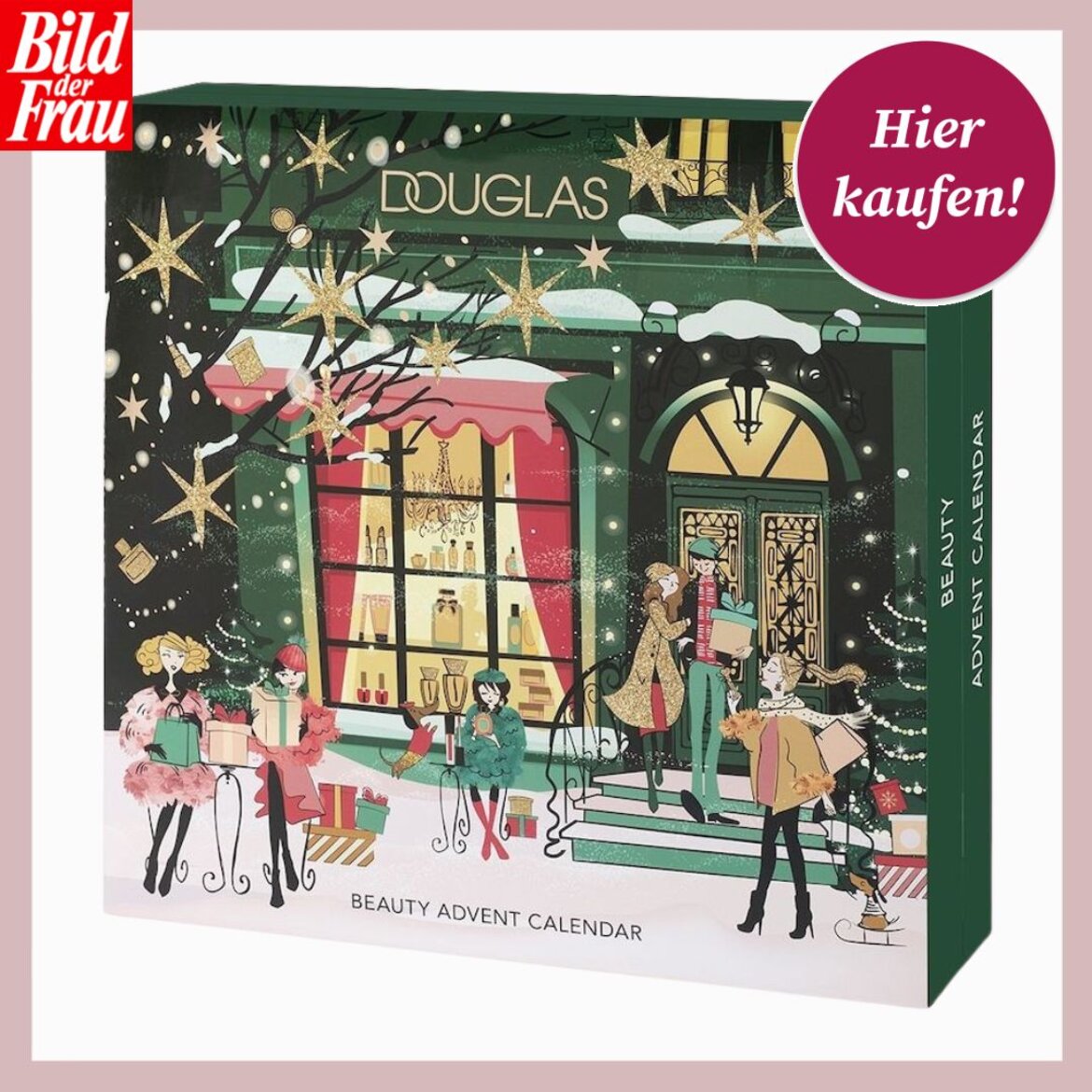 Eleganter Douglas-Adventskalender mit stilisiertem Weihnachtsmotiv, dekorativen goldenen Sternen und einer verschneiten Geschäftsszene. | © Collage: Douglas/ BILD der FRAU