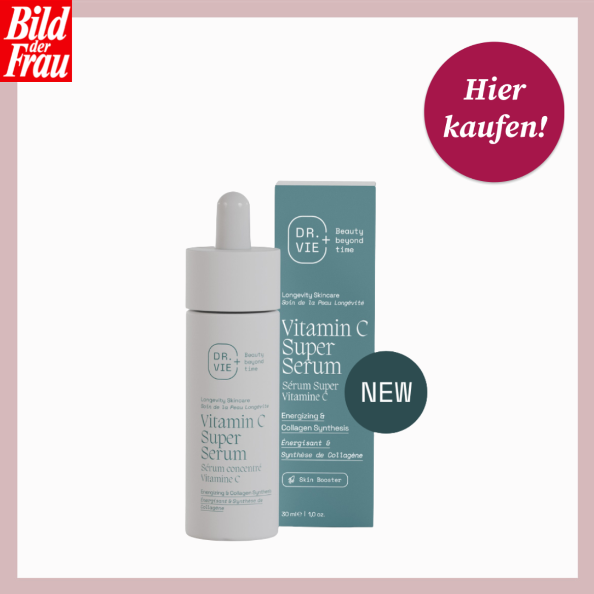 Weißes Serumfläschchen mit Pipette neben türkisfarbener Verpackung des neuen DR. VIE Vitamin C Super Serums auf weißem Hintergrund. | © Dr. Vie