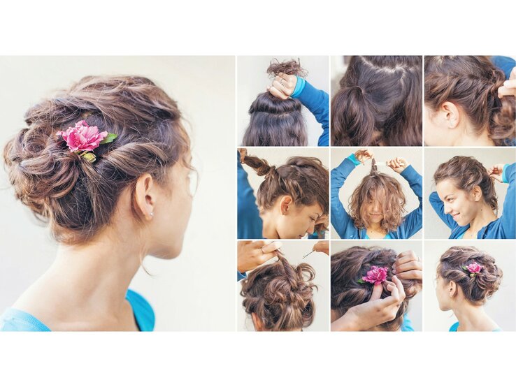 Collage und Anleitung einer Frisur mit gedrehtem Haar mit Blume | © iStock / LiudmylaSupynska