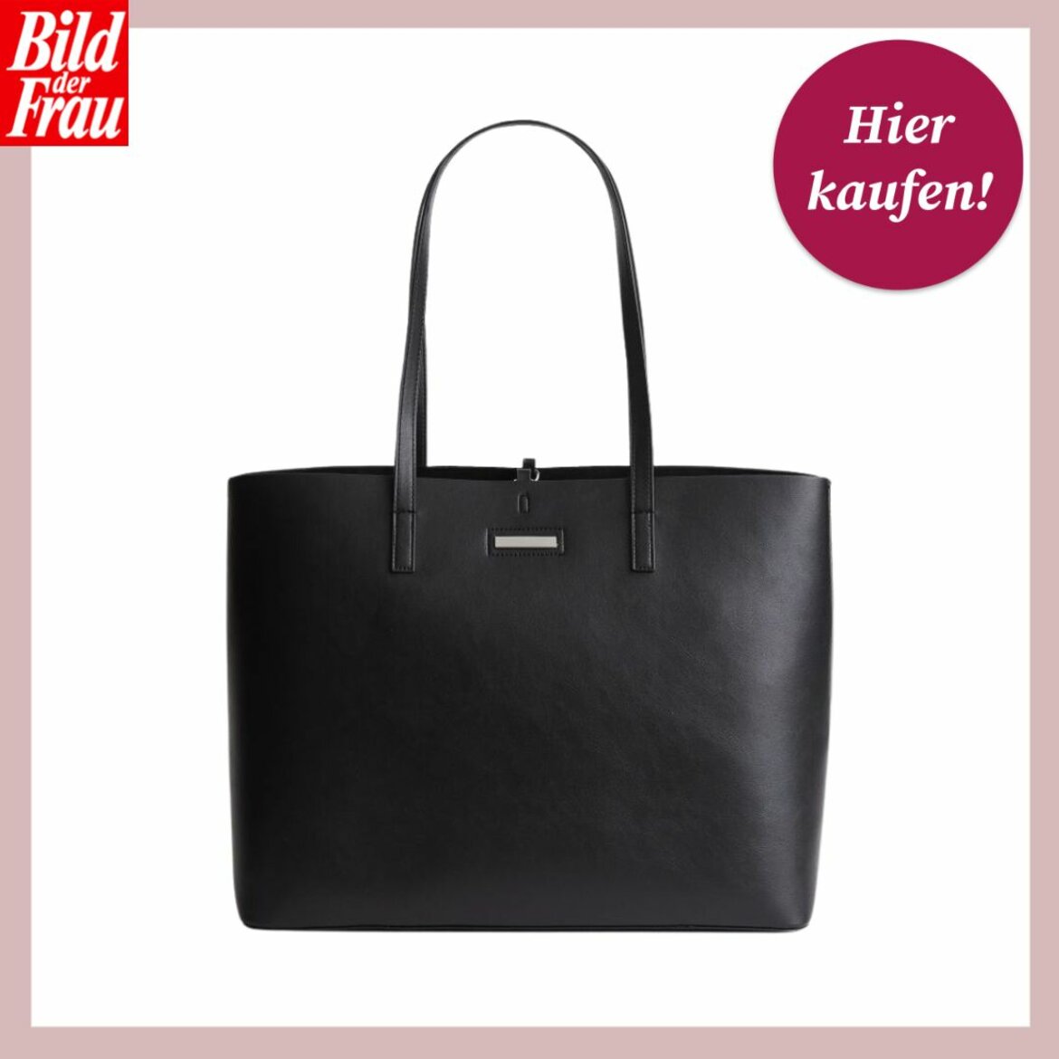  Eine elegante schwarze Shopper-Tasche ist zentral vor einem weißen Hintergrund mit alt-rosa Umrandung abgebildet. Oben links ist das Logo "Bild der Frau" in Rot und Weiß zu sehen, und oben rechts befindet sich ein runder, magentafarbener Button mit der Aufschrift "Hier kaufen!". | © H&M