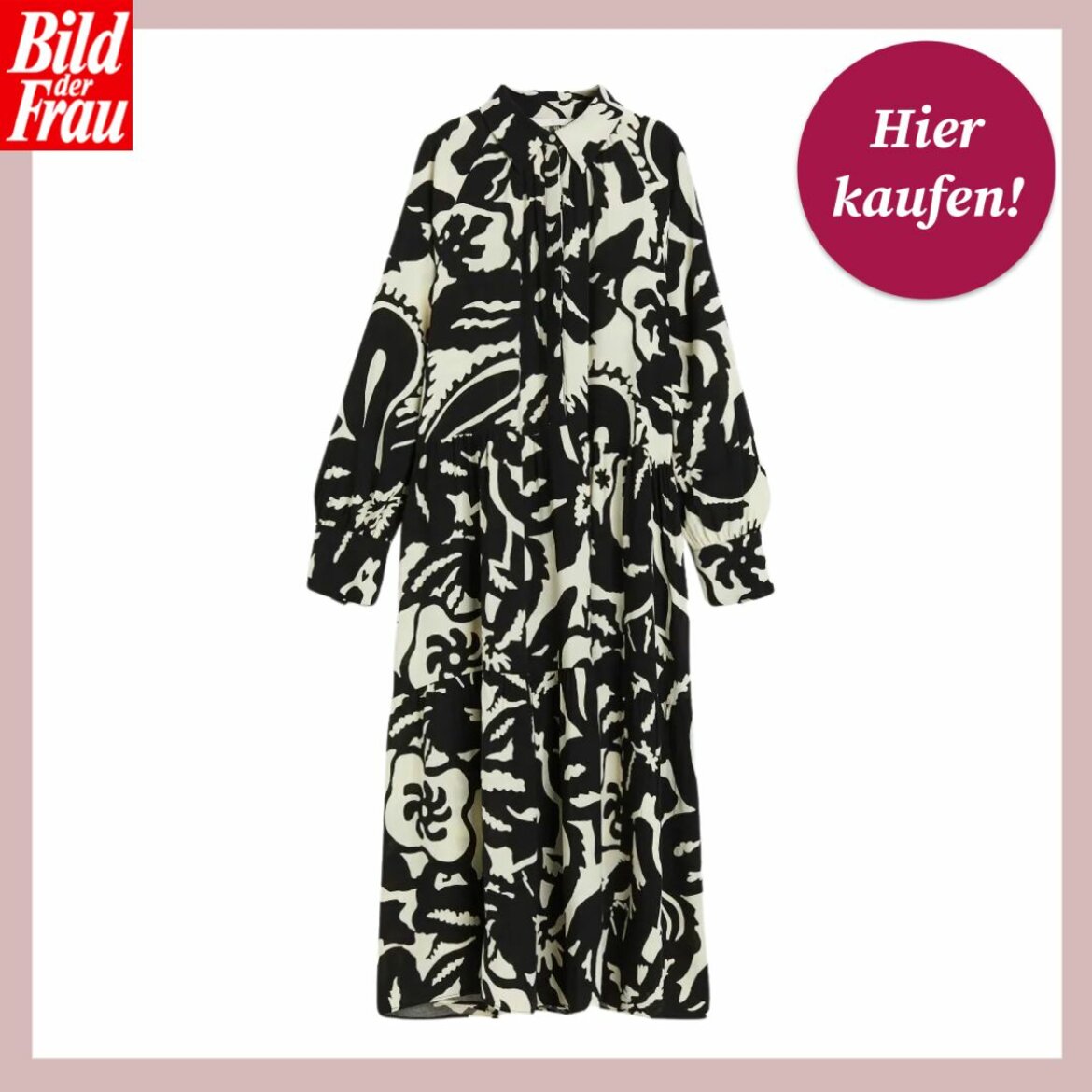 Ein Blusenkleid mit schwarz-weißem Blumenmuster ist zentral auf einem weißen Hintergrund mit rosa Umrandung abgebildet. In der oberen rechten Ecke befindet sich ein runder, magentafarbener Button mit der Aufschrift "Hier kaufen!". In der oberen linken Ecke ist das Logo "Bild der Frau" in Rot und Weiß zu sehen. | © H&M