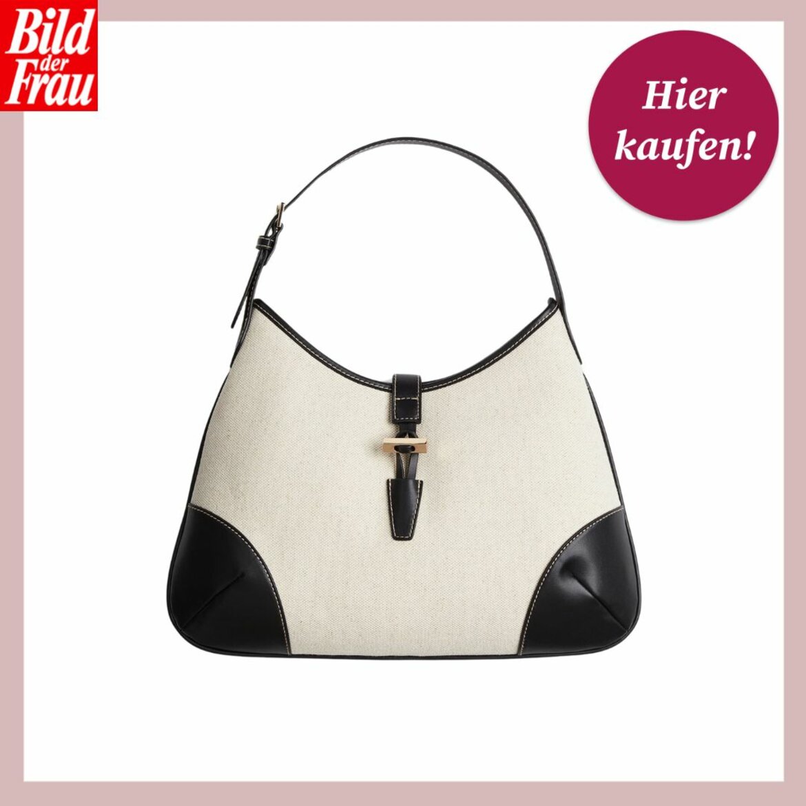 Eine Handtasche mit cremefarbener Textiloberfläche und schwarzem Lederbesatz, versehen mit einem markanten, schwarz-braunen Verschluss, präsentiert mit einem "Hier kaufen!"-Button der 'Bild der Frau'. | © H&M