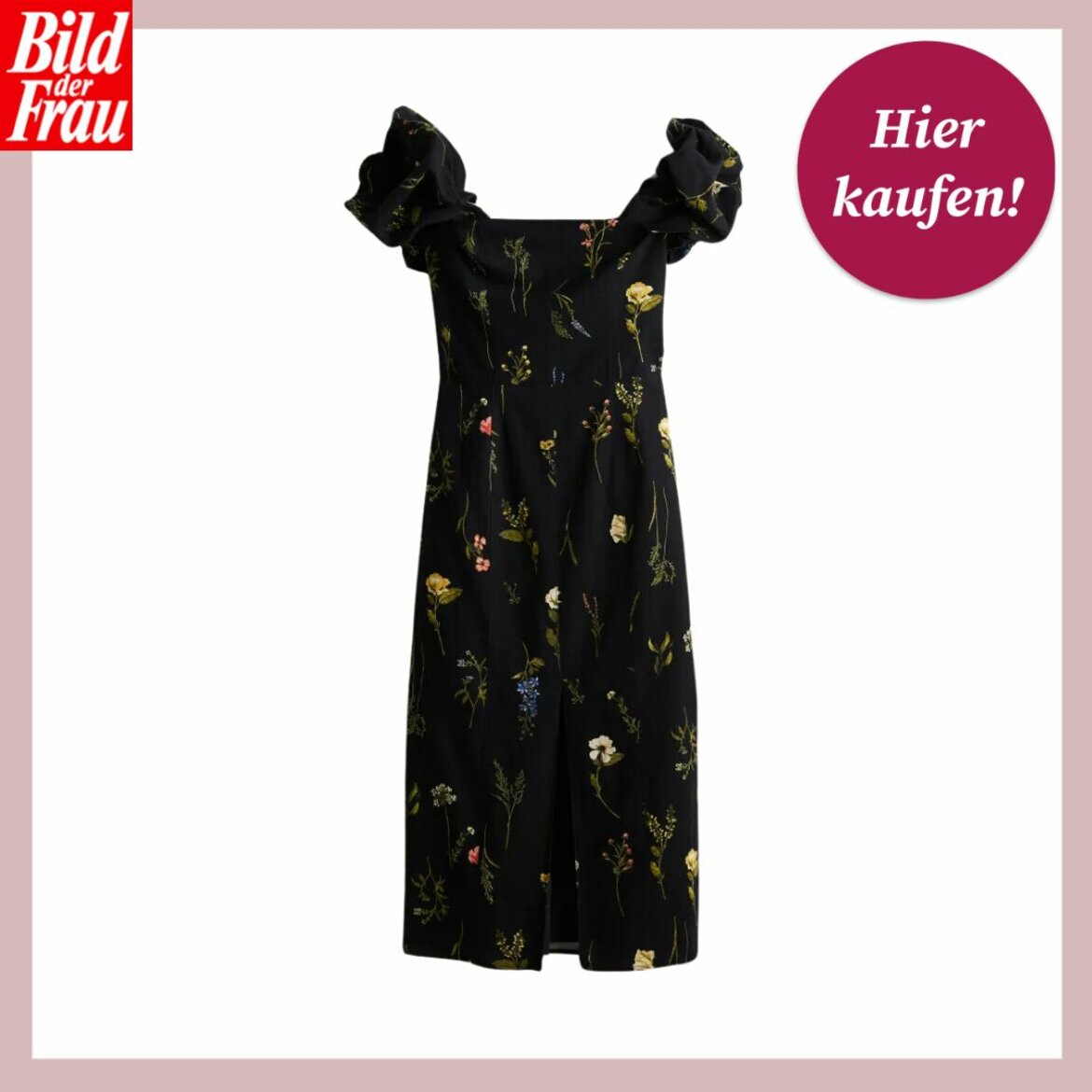 Das Bild zeigt ein schulterfreies Kleid mit einem schwarzen Grundton und einem floralen Muster mit verschiedenen Blumen in Gelb, Rosa, Weiß und Blau. Das Kleid hat kurze Puffärmel und eine Länge, die vermutlich bis zu den Knien reicht. Oben links ist das Logo "Bild der Frau" platziert, und oben rechts befindet sich ein magentafarbener Button mit der Aufschrift "Hier kaufen!". Das Design des Kleides kombiniert einen romantischen Stil mit einem modernen Schnitt. | © H&M