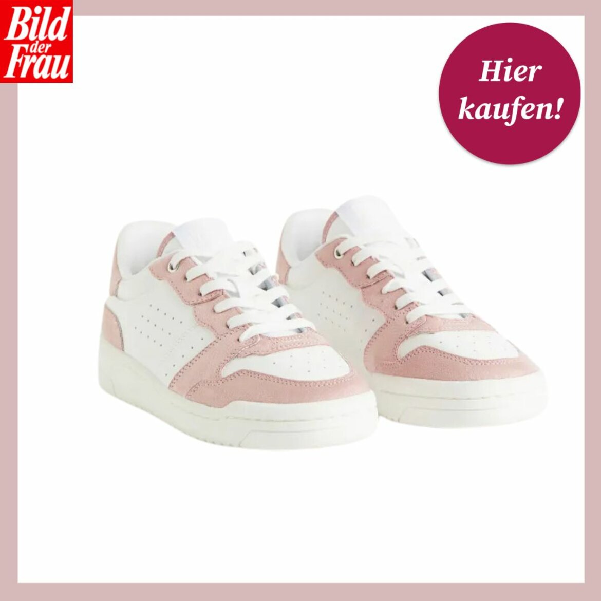 Das Bild zeigt ein Paar hellrosa und weiße Sneaker vor einem weißen Hintergrund mit rosa Umrandung. Die Schuhe haben ein klassisches Design mit einer niedrigen Silhouette und weißen Schnürsenkeln. Oben links ist das Logo "Bild der Frau" zu sehen, und oben rechts findet sich ein magentafarbener Button mit der Aufschrift "Hier kaufen!". Der Stil der Sneaker ist lässig und modisch, geeignet für alltägliche Freizeitaktivitäten. | © H&M