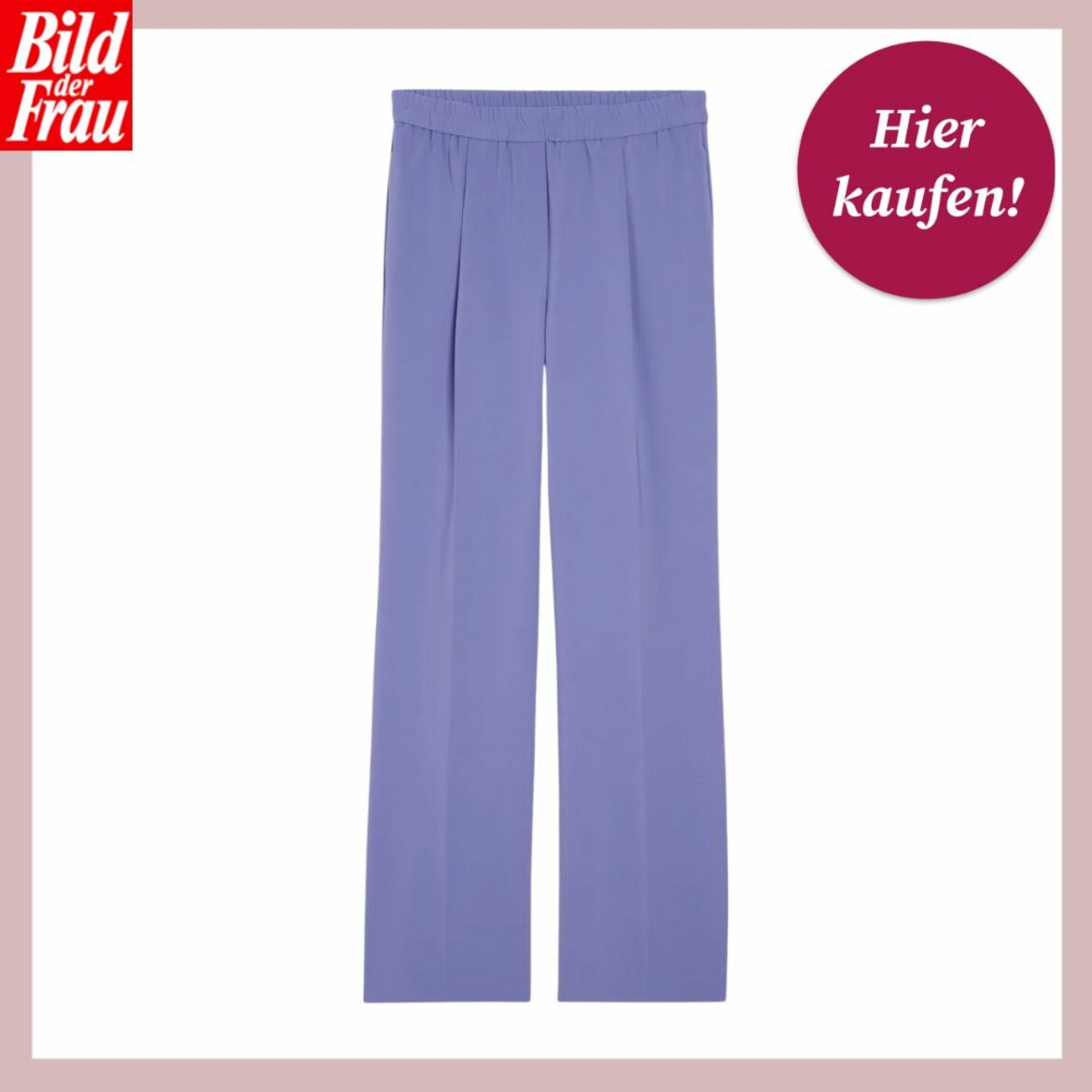 Das Bild zeigt eine elegante, gerade geschnittene Marlenehose in einem zarten Fliederton vor einem weißen Hintergrund mit rosa Umrandung. Die Hose hat einen elastischen Bund für zusätzlichen Komfort. In der oberen linken Ecke des Bildes ist das Logo "Bild der Frau" platziert, und oben rechts ist ein magentafarbener Button mit der Aufschrift "Hier kaufen!" zu sehen. Diese Hose könnte eine stilvolle Ergänzung für eine Business- oder Casual-Garderobe sein. | © C&A