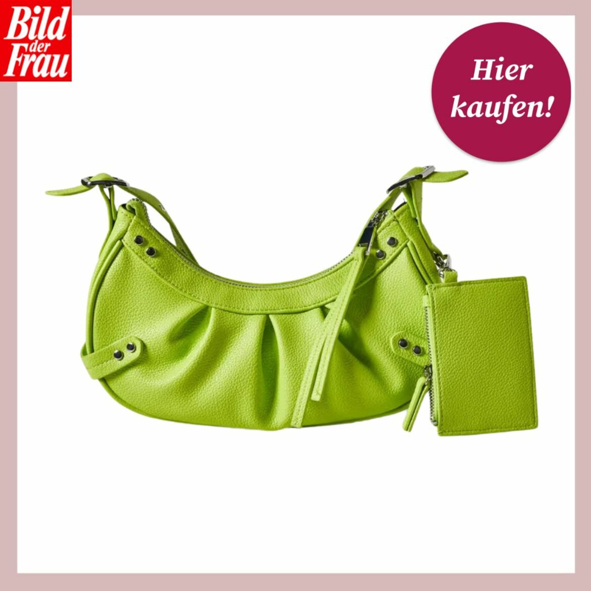 Das Bild zeigt eine lebendig hellgrüne Handtasche mit strukturiertem Stoff und Ziernähten. Die Tasche verfügt über einen verstellbaren Trageriemen und ist mit einer kleinen, passenden Geldbörse ausgestattet, die ebenfalls hellgrün ist und am Reißverschluss hängt. In der oberen linken Ecke des Bildes ist das Logo "Bild der Frau" platziert, und oben rechts befindet sich ein magentafarbener Button mit der Aufschrift "Hier kaufen!". Die Tasche ist vor einem rosa Hintergrund dargestellt, was den Farbkontrast betont und die Tasche als modisches Accessoire hervorhebt. | © C&A