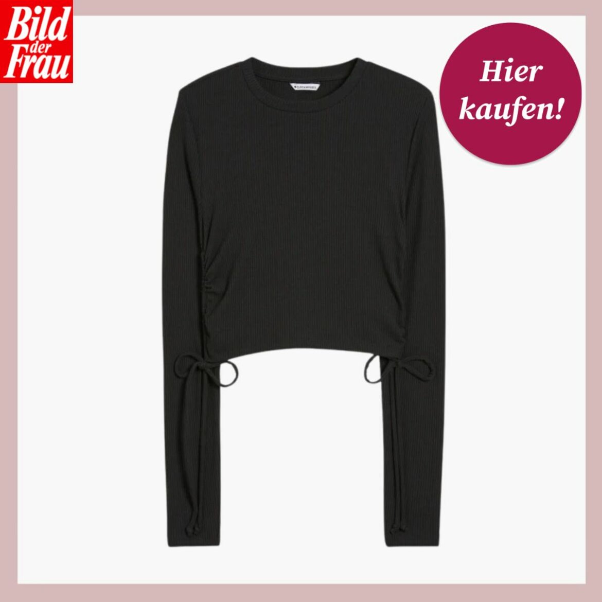  Auf dem Bild ist ein schwarzes Langarmshirt mit Raffungen und Bindebändern an den Ärmelenden dargestellt. Das Shirt ist vor einem weißen Hintergrund mit rosa Umrandung zu sehen, was einen sanften Kontrast zum dunklen Stoff bildet. In der oberen linken Ecke ist das Logo "Bild der Frau" platziert, und in der oberen rechten Ecke befindet sich ein kreisförmiger, magentafarbener Button mit der Aufschrift "Hier kaufen!". Das Oberteil erscheint einfach und stilvoll, vielseitig für verschiedene Anlässe kombinierbar. | © C&A