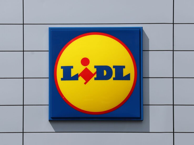  Das Foto zeigt das quadratische Firmenschild des Einzelhändlers Lidl. Das Schild ist auffallend gestaltet mit einem gelben Kreis auf blauem Hintergrund und dem Lidl-Logo in Blau und Rot in der Mitte. Es ist an einer Außenwand mit weißen, quadratischen Fliesen montiert.