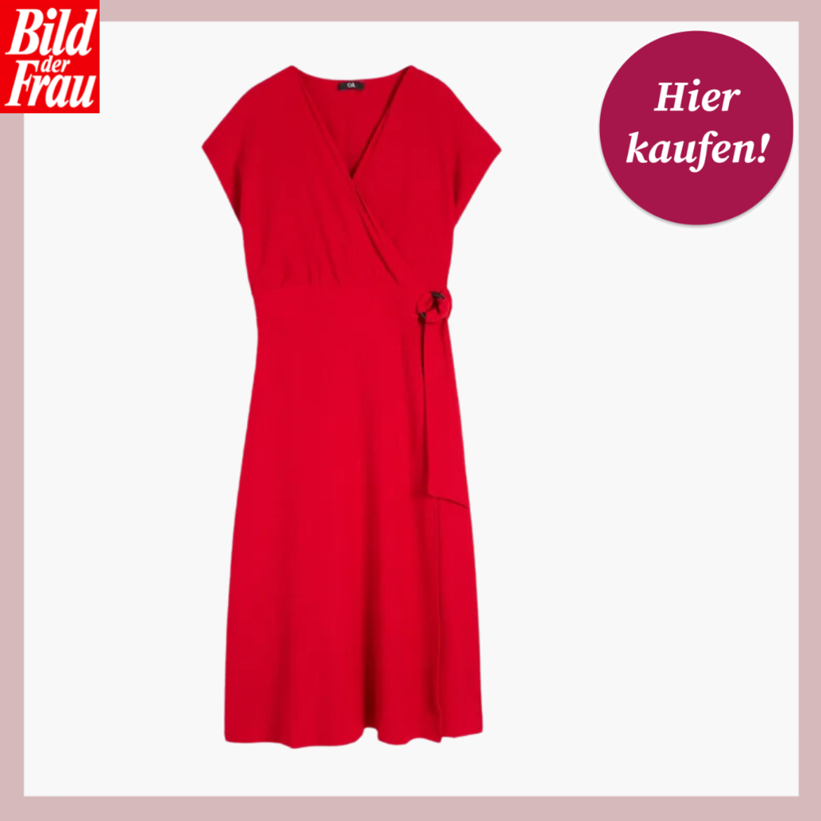 Rotes Wickelkleid mit kurzen Ärmeln und seitlicher Schleife vor neutralem Hintergrund. | © C&A