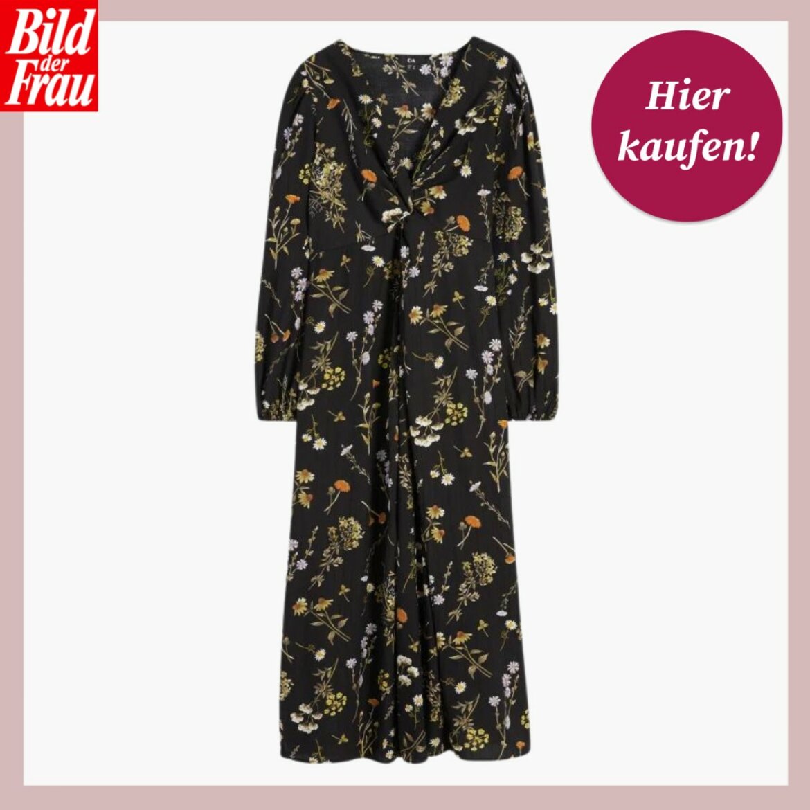 Ein Werbebild von einen schwarzen Kleid mit Blumenmuster. Das Kleid ist lang unnd hat ebenfalls lange Ärmel. | © C&A