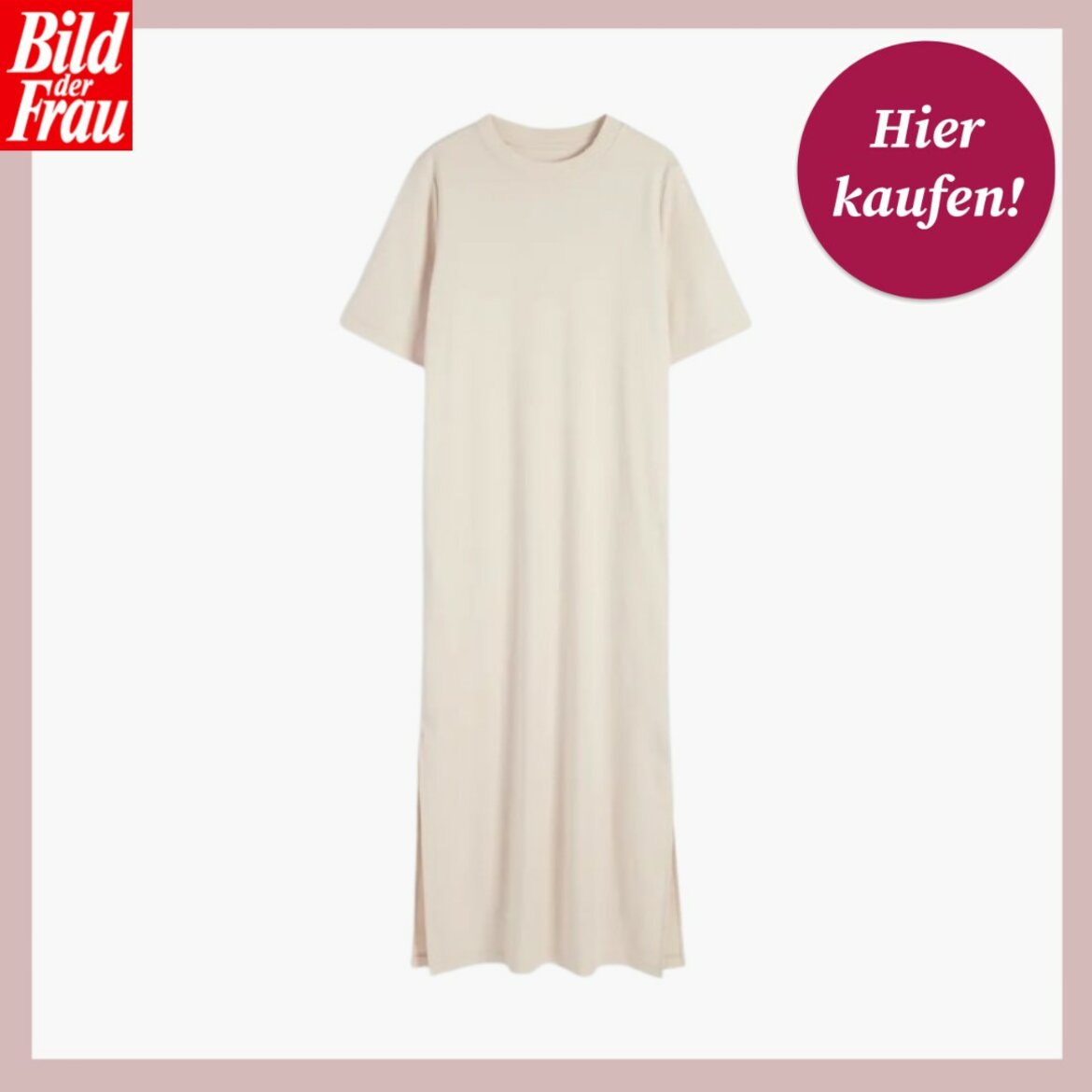 Das Werbebild zeigt ein beiges Kleid mit geradem Schnitt und Rundhalsausschnitt. | © C&A